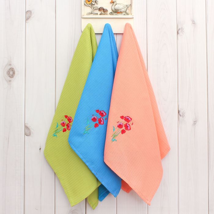 Набор вафельных полотенец "Доляна" Маки, 40х70 см- 3шт,100% хл,150 гр/м2