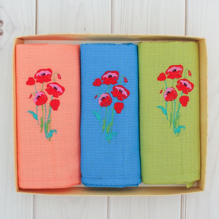 Набор вафельных полотенец "Доляна" Маки, 40х70 см- 3шт,100% хл,150 гр/м2