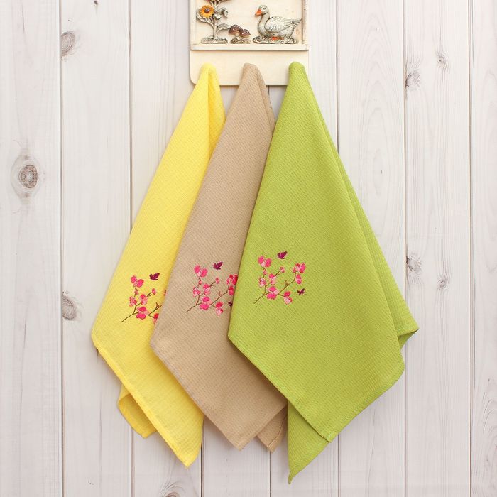 Набор вафельных полотенец "Доляна" Сакура, 40х70 см- 3шт,100% хл,150 гр/м2