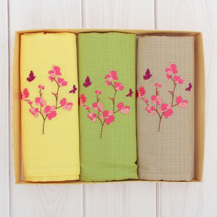 Набор вафельных полотенец "Доляна" Сакура, 40х70 см- 3шт,100% хл,150 гр/м2