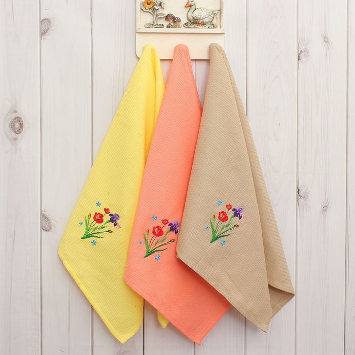 Набор вафельных полотенец "Доляна" Ирисы, 40х70 см- 3шт,100% хл,150 гр/м2