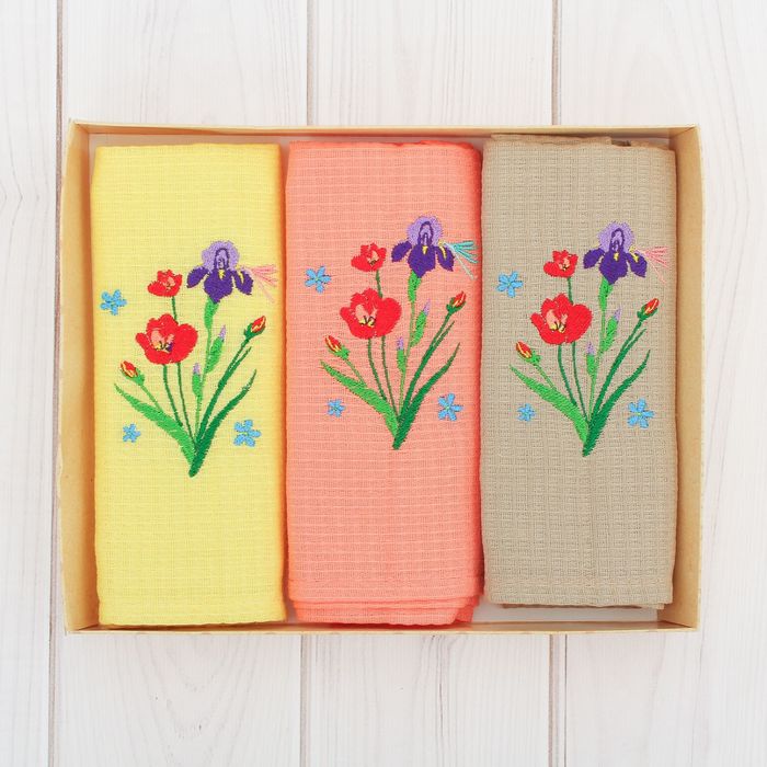 Набор вафельных полотенец "Доляна" Ирисы, 40х70 см- 3шт,100% хл,150 гр/м2