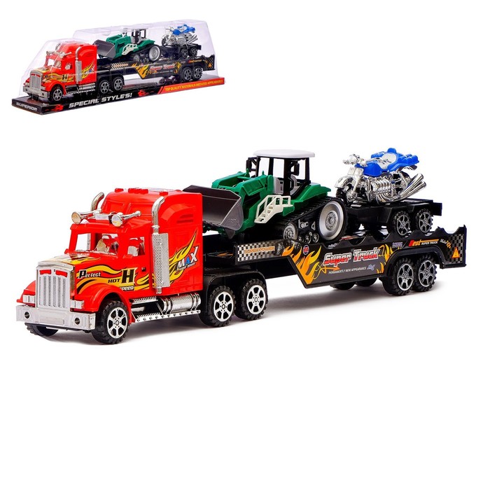 Грузовик инерционный "Трейлер", с трактором и мотоциклом, цвета МИКС