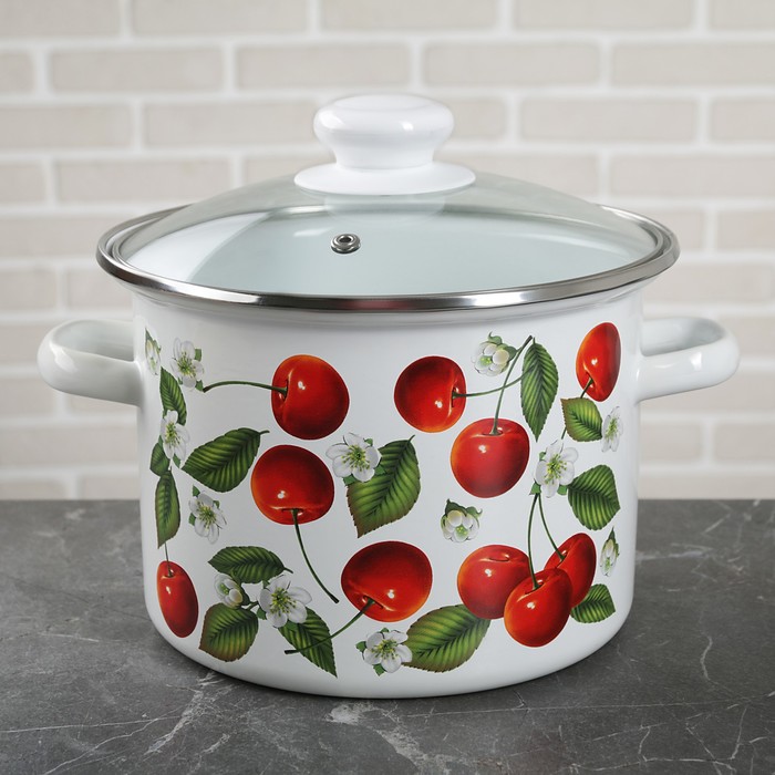 Кастрюля цилиндрическая 3 л "Черешня", нержавеющий ободок, стеклянная крышка