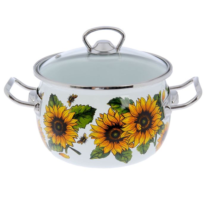 Кастрюля сферическая 2,5 л "Солнышко", нержавеющий ободок, стеклянная крышка