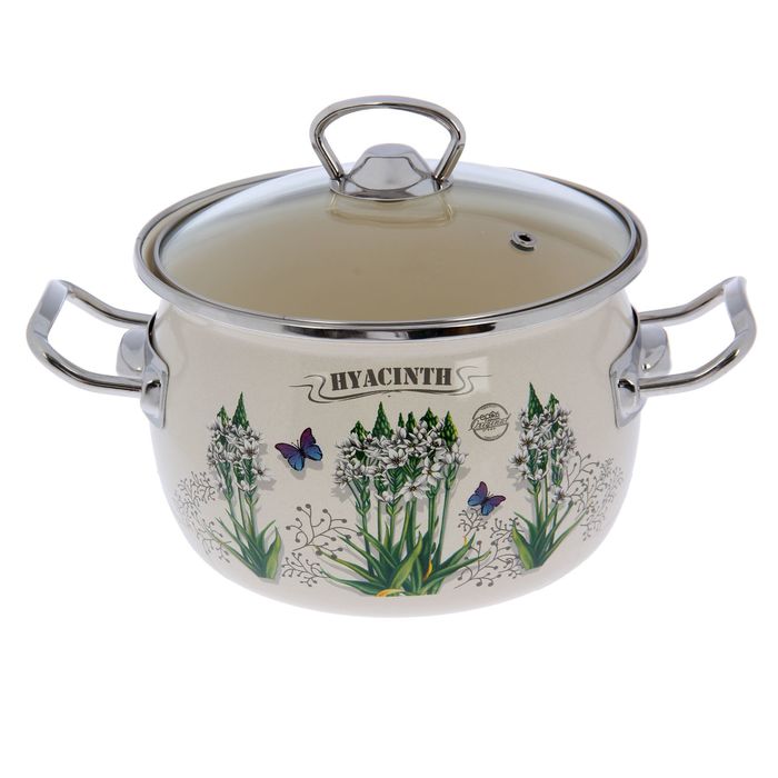 Кастрюля сферическая 2,5 л "Гиацинт", нержавеющий ободок, стеклянная крышка