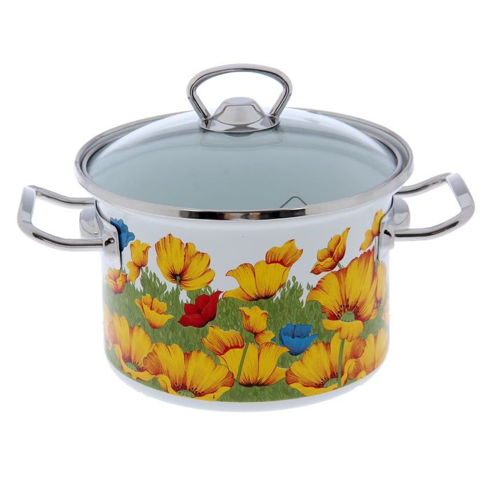 Кастрюля цилиндрическая 2 л "Горицвет", нержавеющий ободок, стеклянная крышка