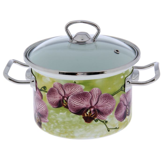 Кастрюля цилиндрическая 2 л "Орхидея", нержавеющий ободок, стеклянная крышка