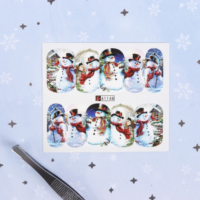 Слайдер-дизайн для ногтей "Снеговики в цилиндрах", водный