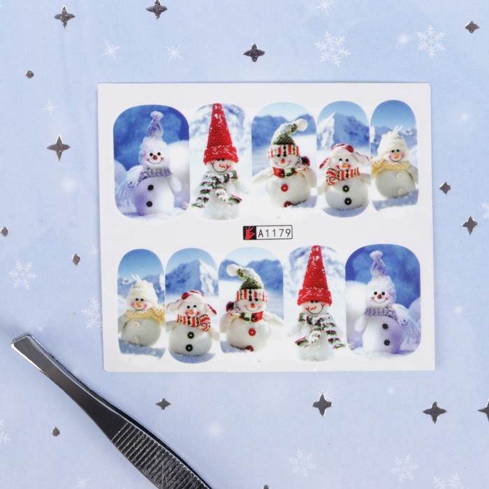 Слайдер-дизайн для ногтей "Снеговики", водный