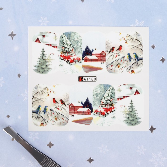 Слайдер-дизайн для ногтей "Новогодний лес", водный