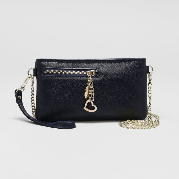 Клатч женский на молнии, 1 отдел с перегородкой, 2 наружных кармана, длинная цепочка, цвет тёмно-синий