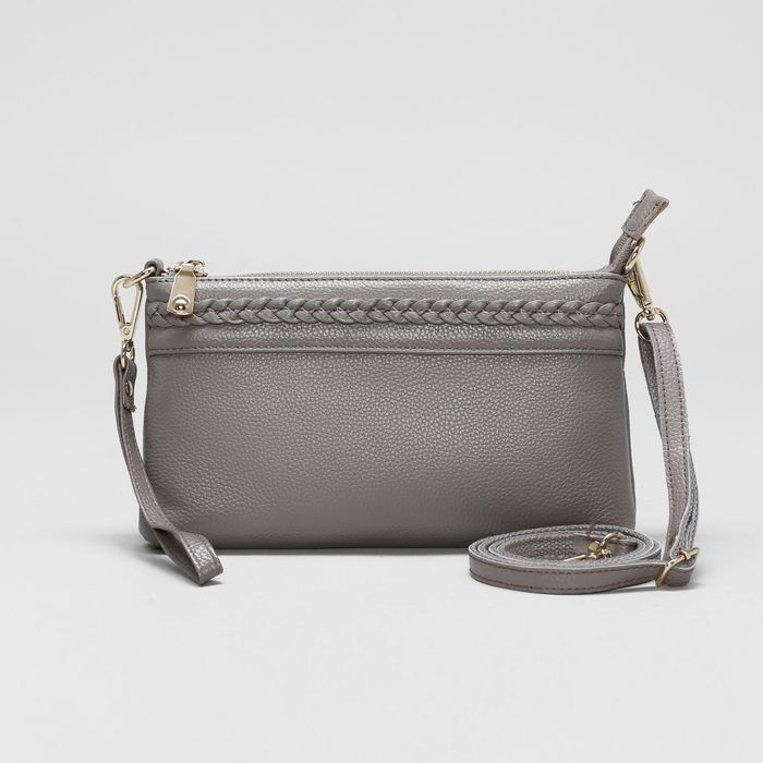 Клатч женский на молнии, 1 отдел с перегородкой, ручка, наружный карман, длинный ремень, цвет серый