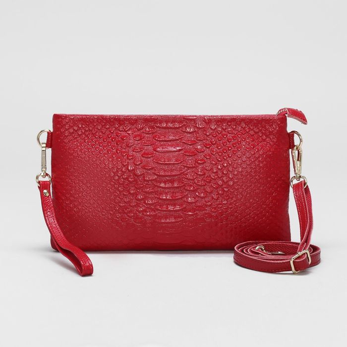 Клатч женский на молнии, 1 отдел с перегородкой, ручка, наружный карман, длинный ремень, цвет красный