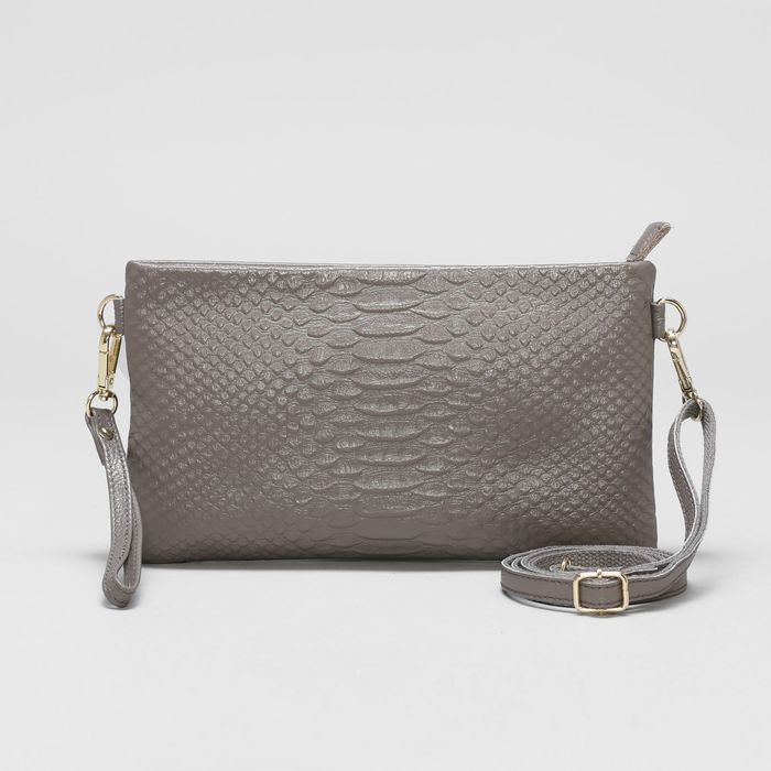 Клатч женский на молнии, 1 отдел с перегородкой, ручка, наружный карман, длинный ремень, цвет серый