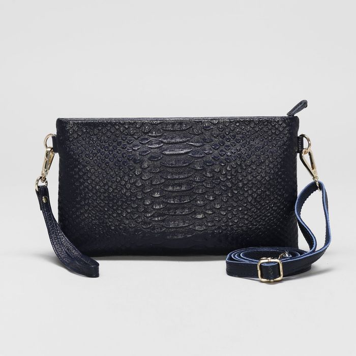 Клатч женский на молнии, 1 отдел с перегородкой, ручка, наружный карман, длинный ремень, цвет синий