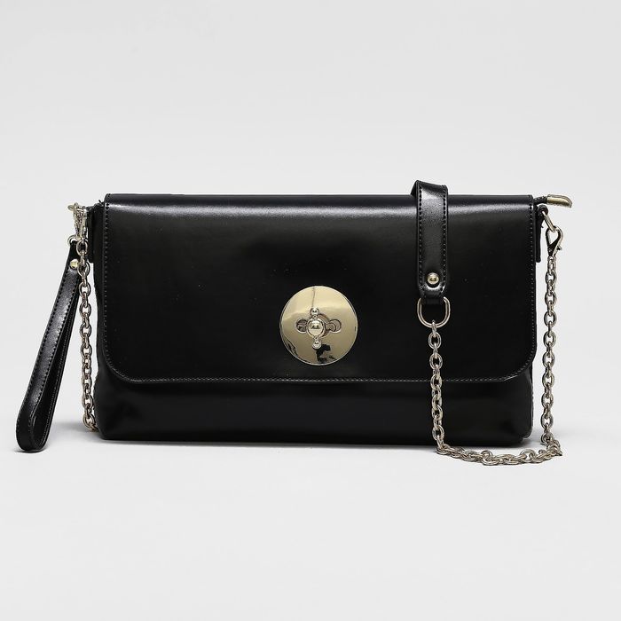 Клатч женский, отдел на молнии, наружный карман, с ручкой, длинная цепь, цвет чёрный
