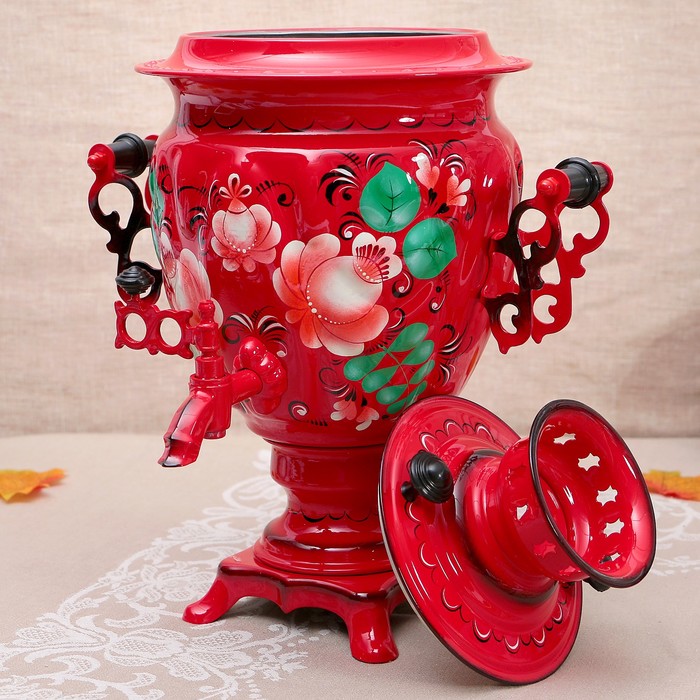 Самовар «Цветы на красном», жёлудь, 3 л, электрический