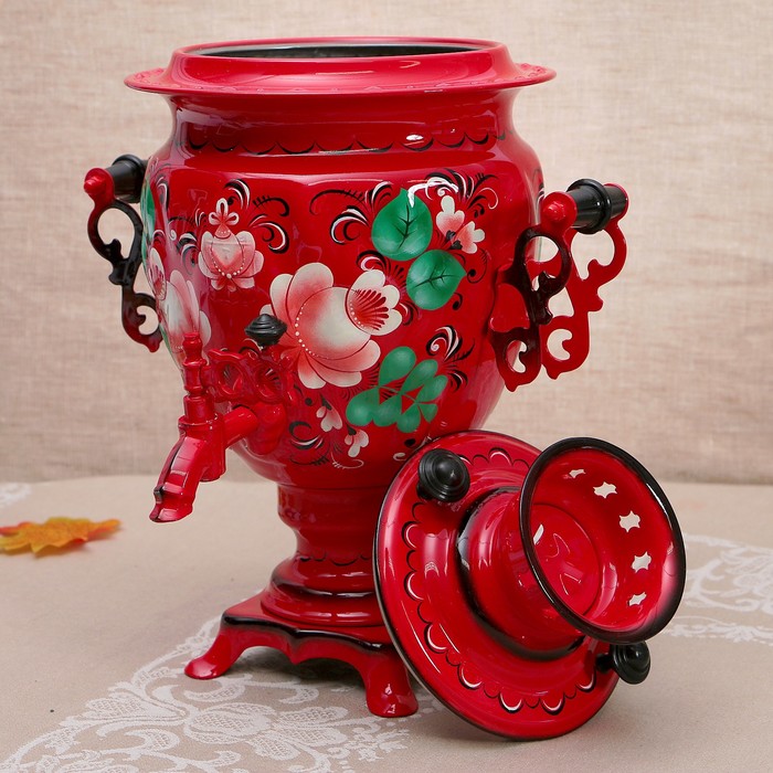 Набор «Цветы на красном», жёлудь, 3 предмета, самовар 3 л, заварочный чайник 0,7 л, поднос