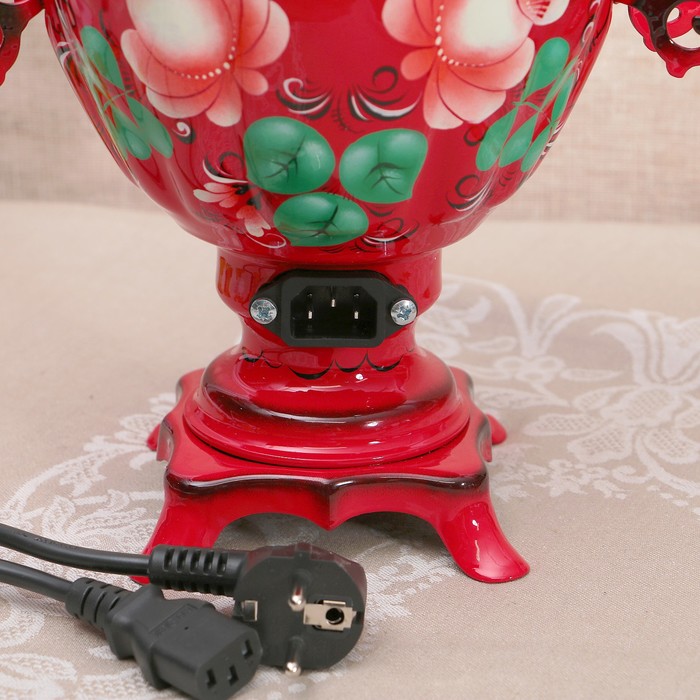 Набор «Цветы на красном», жёлудь, 3 предмета, самовар 3 л, заварочный чайник 0,7 л, поднос