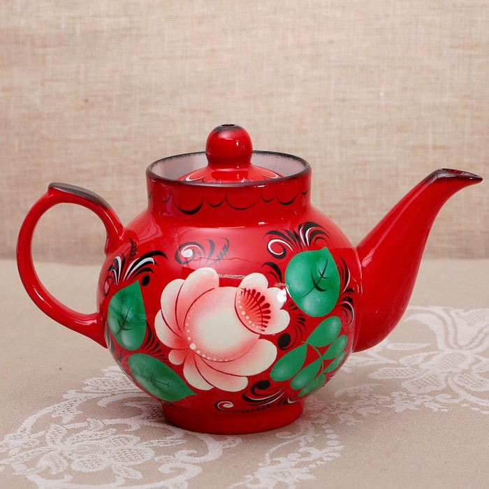 Набор «Цветы на красном», жёлудь, 3 предмета, самовар 3 л, заварочный чайник 0,7 л, поднос