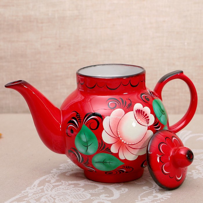 Набор «Цветы на красном», жёлудь, 3 предмета, самовар 3 л, заварочный чайник 0,7 л, поднос