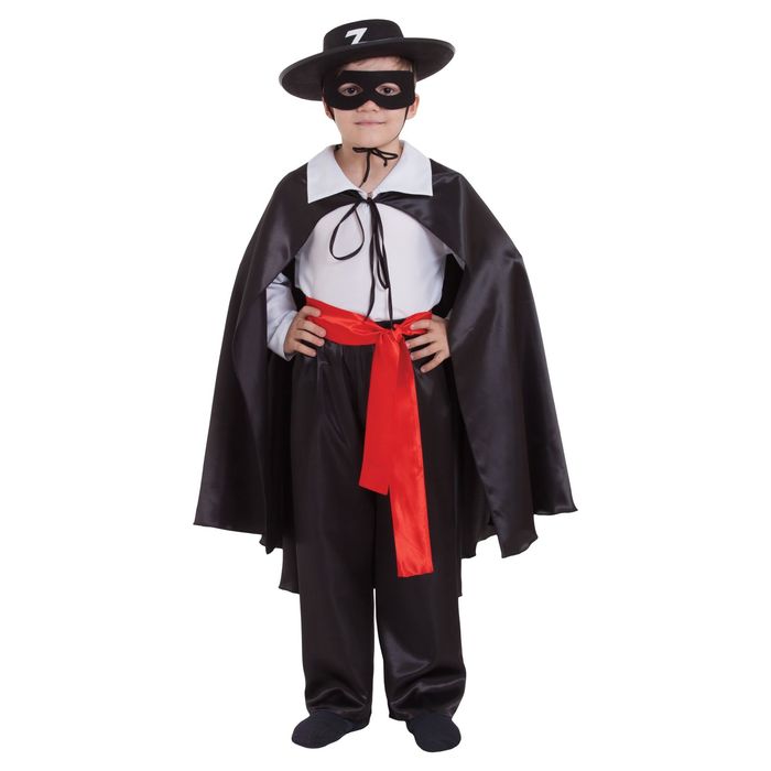Карнавальный костюм "Зорро", шляпа, маска, белая рубашка, плащ, пояс, штаны, р-р 38, рост 140 см