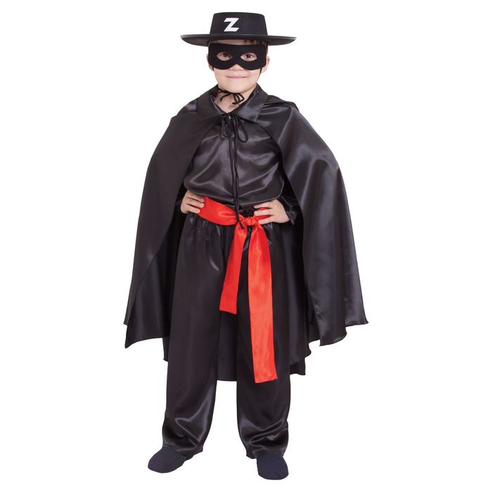 Карнавальный костюм "Зорро чёрный", шляпа, маска, чёрная рубашка, плащ, пояс, штаны, р-р 32, рост 122-128 см
