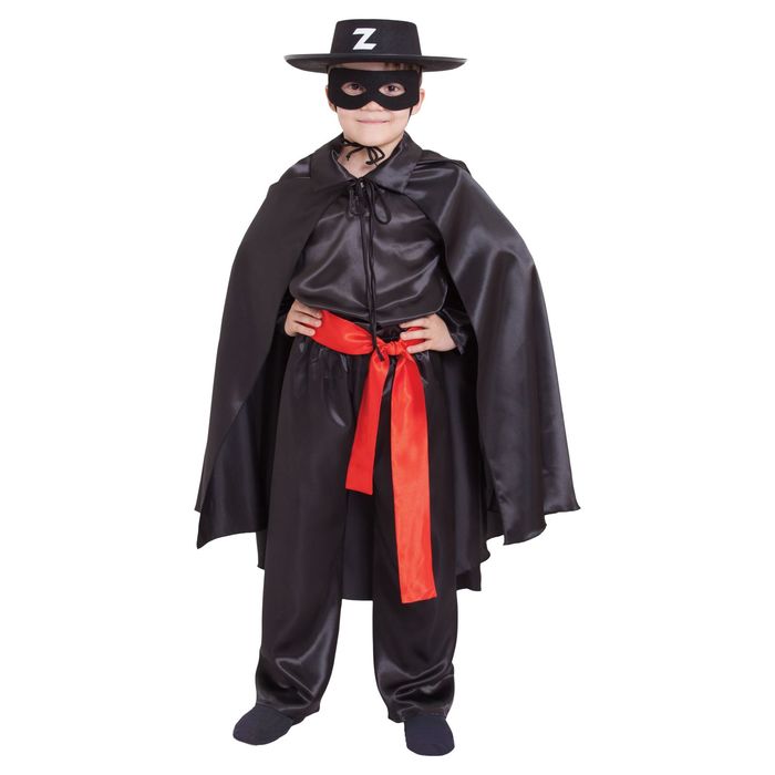 Карнавальный костюм "Зорро чёрный", шляпа, маска, чёрная рубашка, плащ, пояс, штаны, р-р 38, рост 140 см