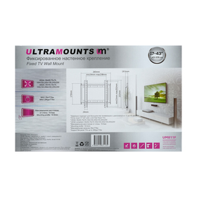Кронштейн Ultramounts UM811F, для ТВ, фиксированный, 17-43", 19.5 мм от стены, черный от Сима-ленд