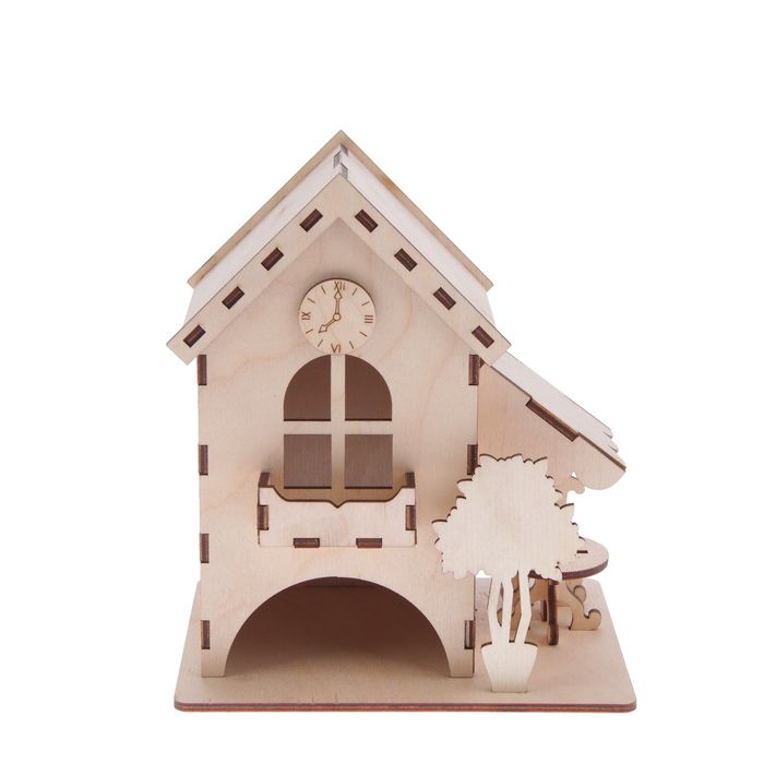 Чайный домик из фанеры "С часами, деревом и стульчиком" (набор 6 деталей)