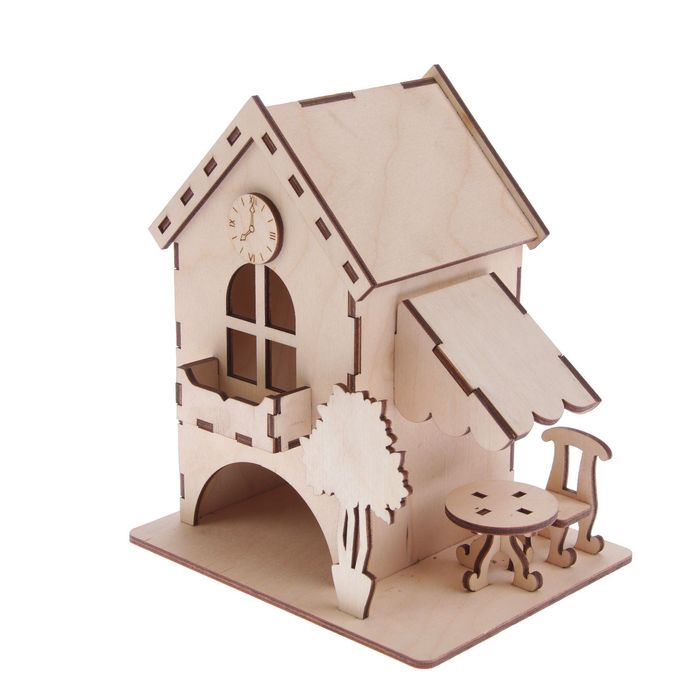 Чайный домик из фанеры "С часами, деревом и стульчиком" (набор 6 деталей)