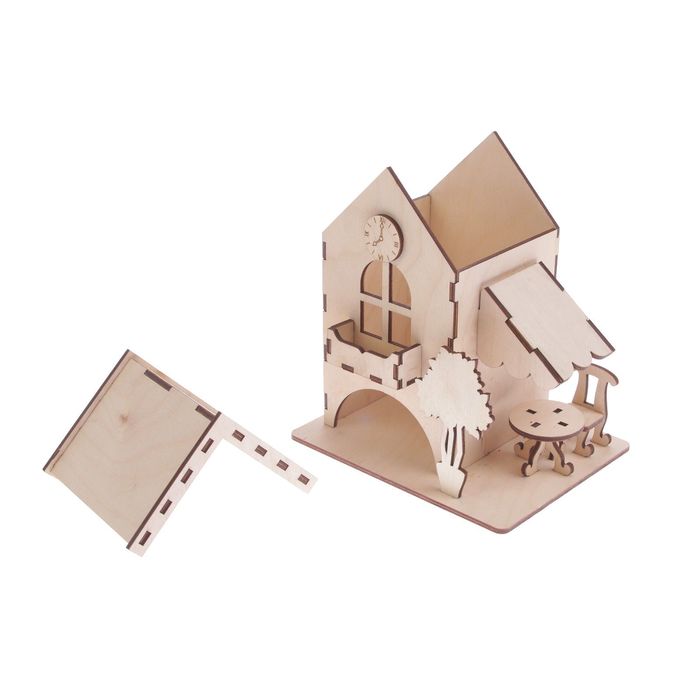 Чайный домик из фанеры "С часами, деревом и стульчиком" (набор 6 деталей)