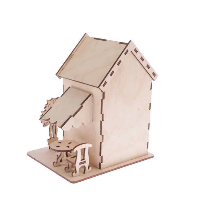 Чайный домик из фанеры "С часами, деревом и стульчиком" (набор 6 деталей)