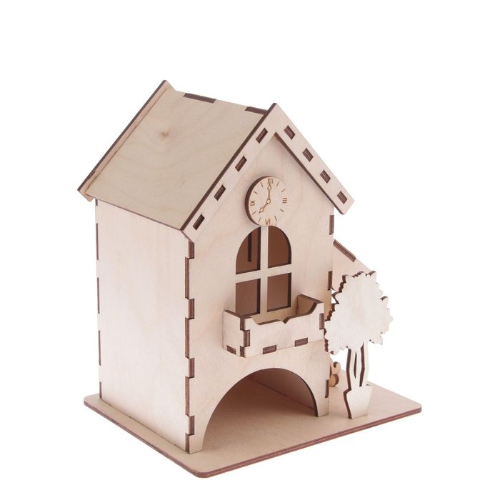 Чайный домик из фанеры "С часами, деревом и стульчиком" (набор 6 деталей)