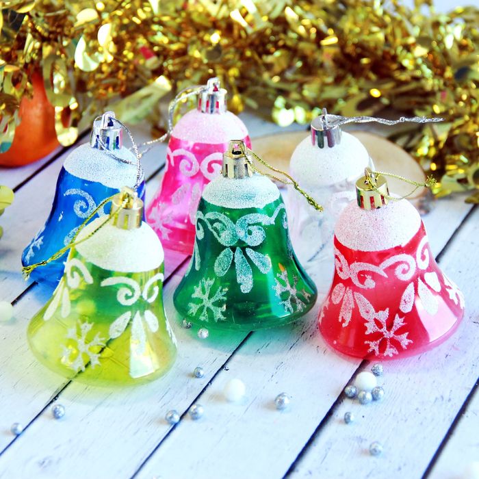 Украшение ёлочное "Колокольчики" (набор 6 шт) прозрачные цветные 5,5*5 см