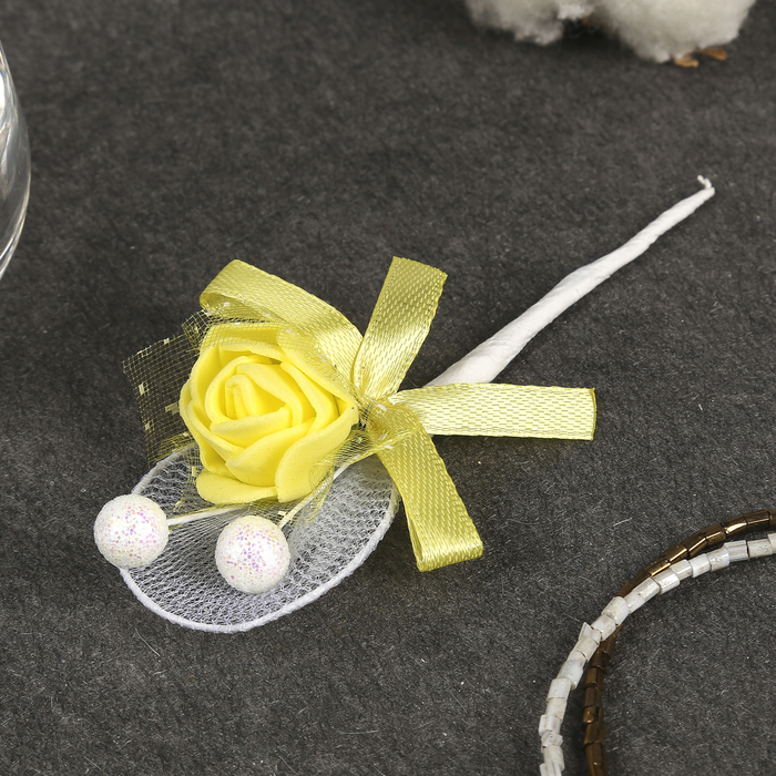Декор для творчества "Жёлтая роза с шариками и бантом" 10,5 см