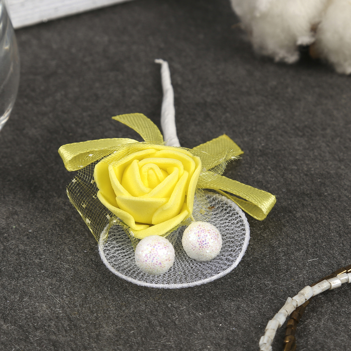 Декор для творчества "Жёлтая роза с шариками и бантом" 10,5 см