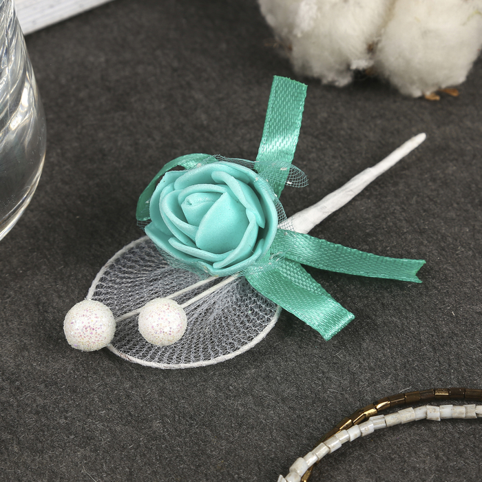 Декор для творчества "Бирюзовая роза с шариками и бантом" 10,5 см