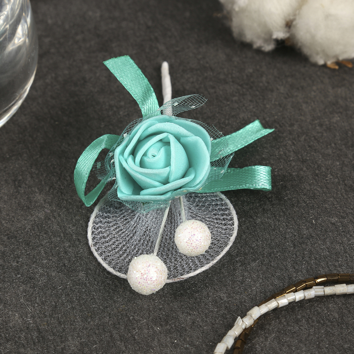 Декор для творчества "Бирюзовая роза с шариками и бантом" 10,5 см