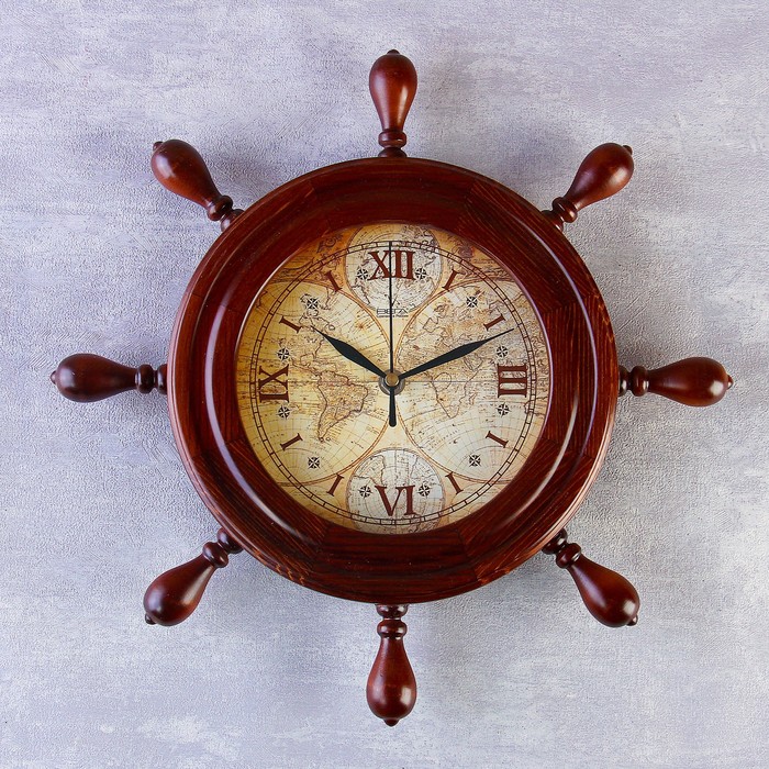Часы настенные штурвал "Карта", деревянный обод, 34х34 см