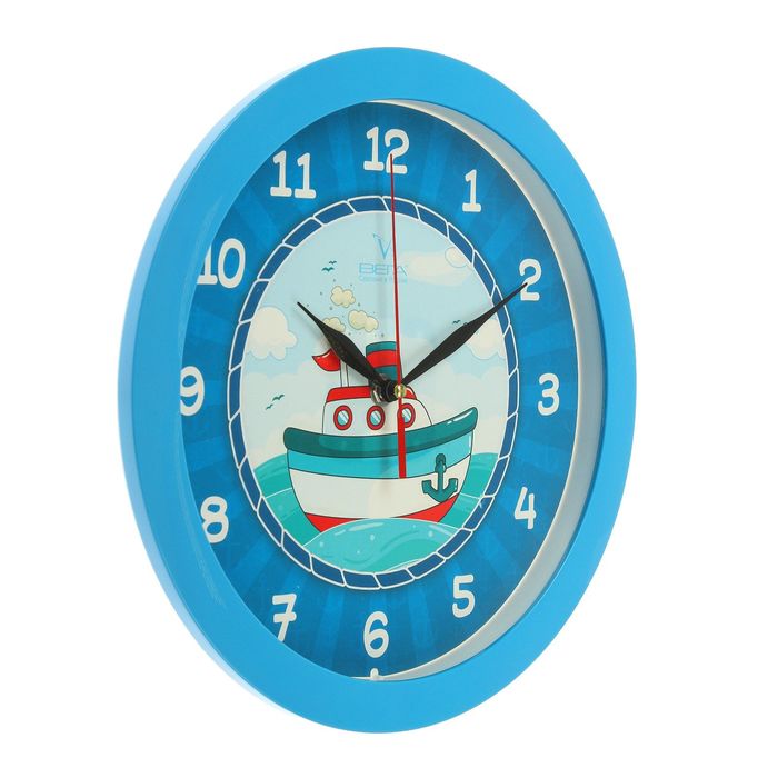 Часы настенные круглые "Кораблик", синий обод, детские, 28х28 см