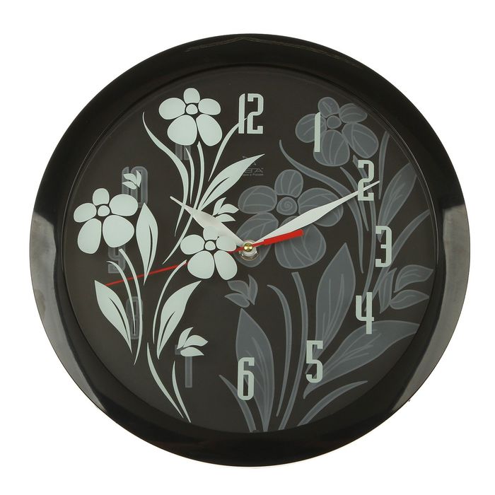 Часы настенные круглые "Цветочный узор", чёрный обод, 28х28 см