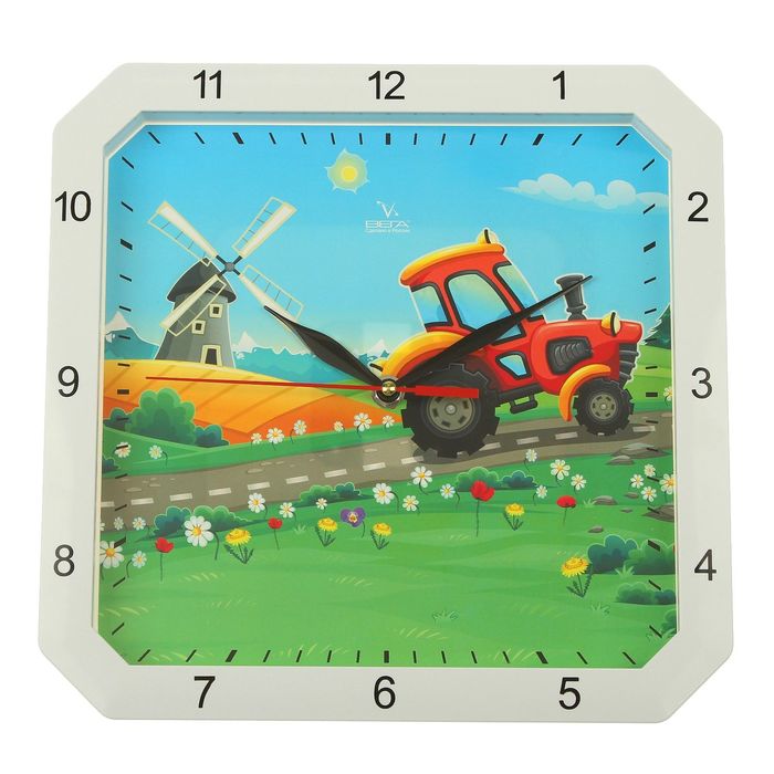 Часы настенные детские "Трактор", квадратная белая рамка, 28х28 см