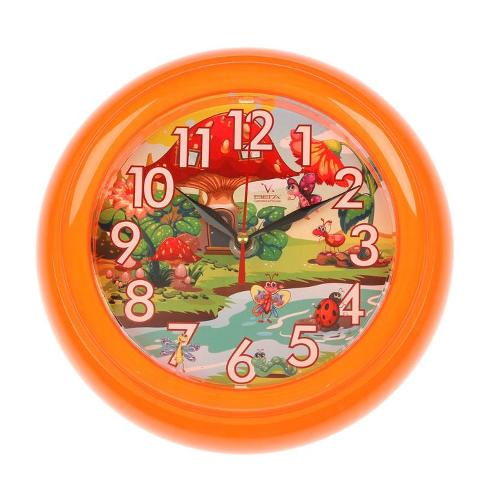 Часы настенные круглые "Весёлые насекомые", оранжевый обод, детские, 22х22 см
