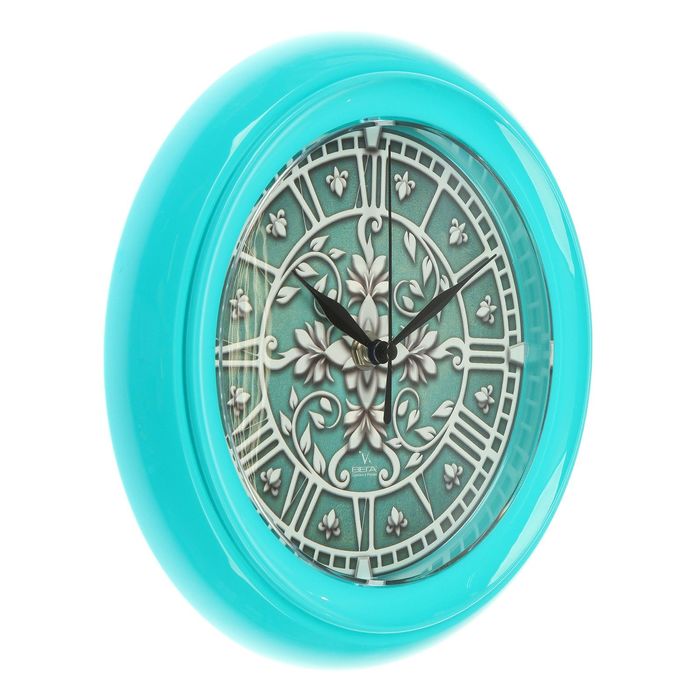 Часы настенные круглые "Лепнина", бирюзовый обод, 22х22 см