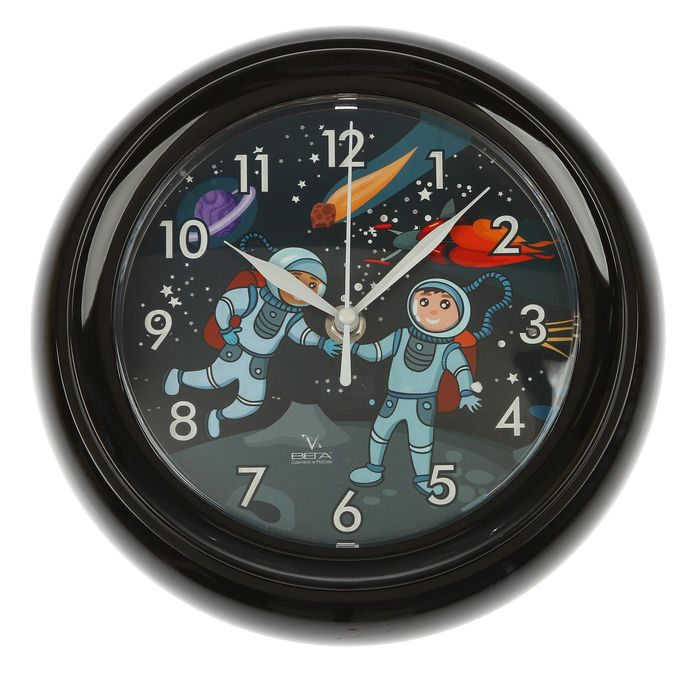 Часы настенные круглые "Космонавты", чёрный обод, детские, 22х22 см