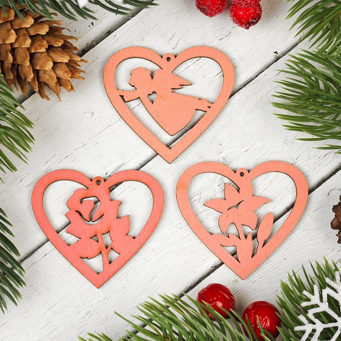 Подвески "Сердечки с цветами", цвет розовый, 3 шт.