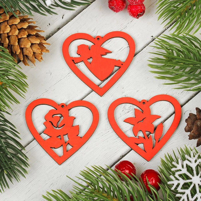 Подвески "Сердечки с цветами", цвет красный 3 шт.