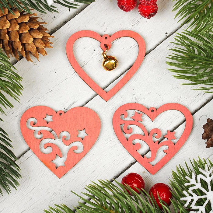 Подвески "Сердца с узорами", цвет розовый, 3 шт.
